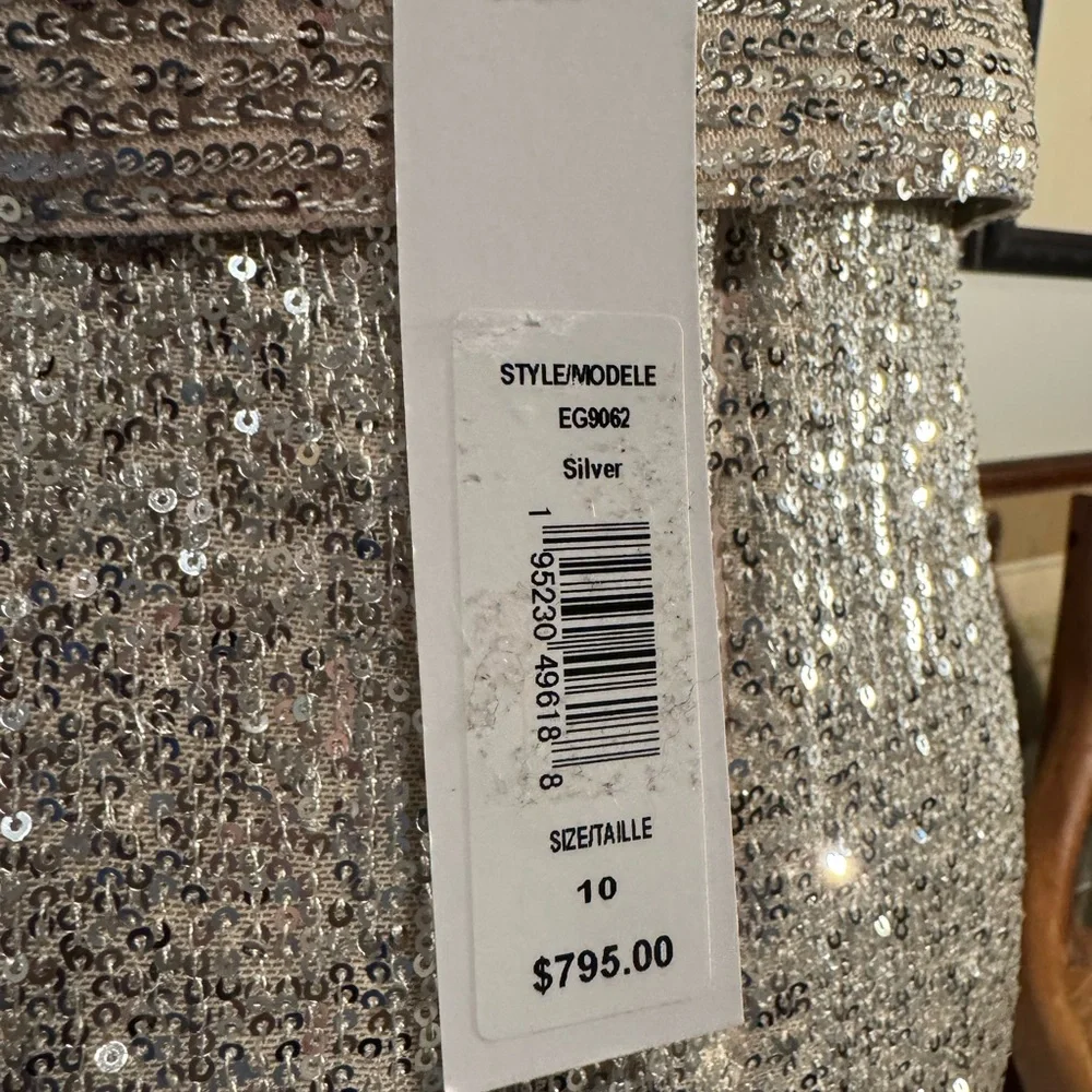 Badgley Mischka Silver Sequin Strapless Gown with Bow Detail - Picture 3 of 9